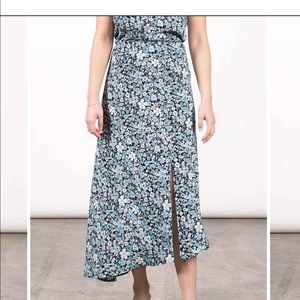 MAUBY Blue satin floral skirt SLIT SEWN UP